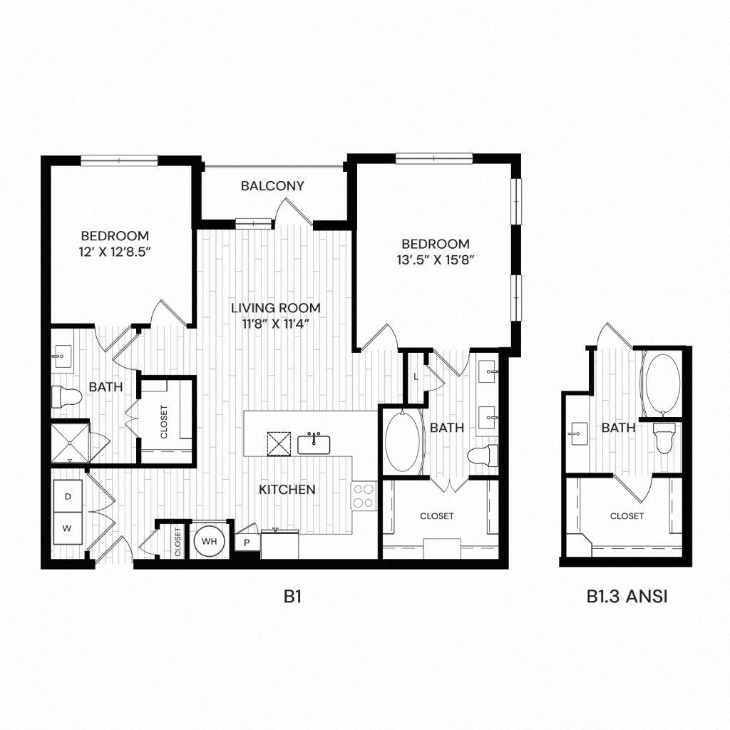 Floor plan for 2 beds, 2 baths, 1082 sqft